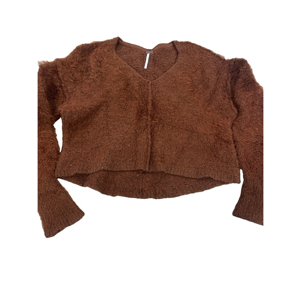Free People Sweater Womens XS Brown Icing V Neck Pullover Shaggy Cropped Boho